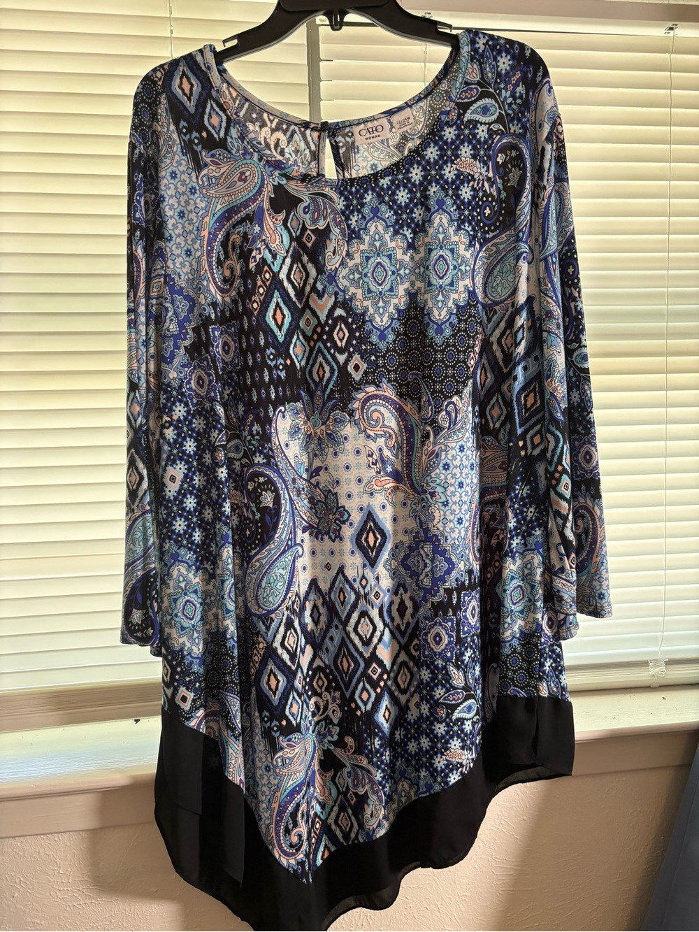 Cato Blue Paisley & Geometric Print Long Sleeve Tunic with Black Hem